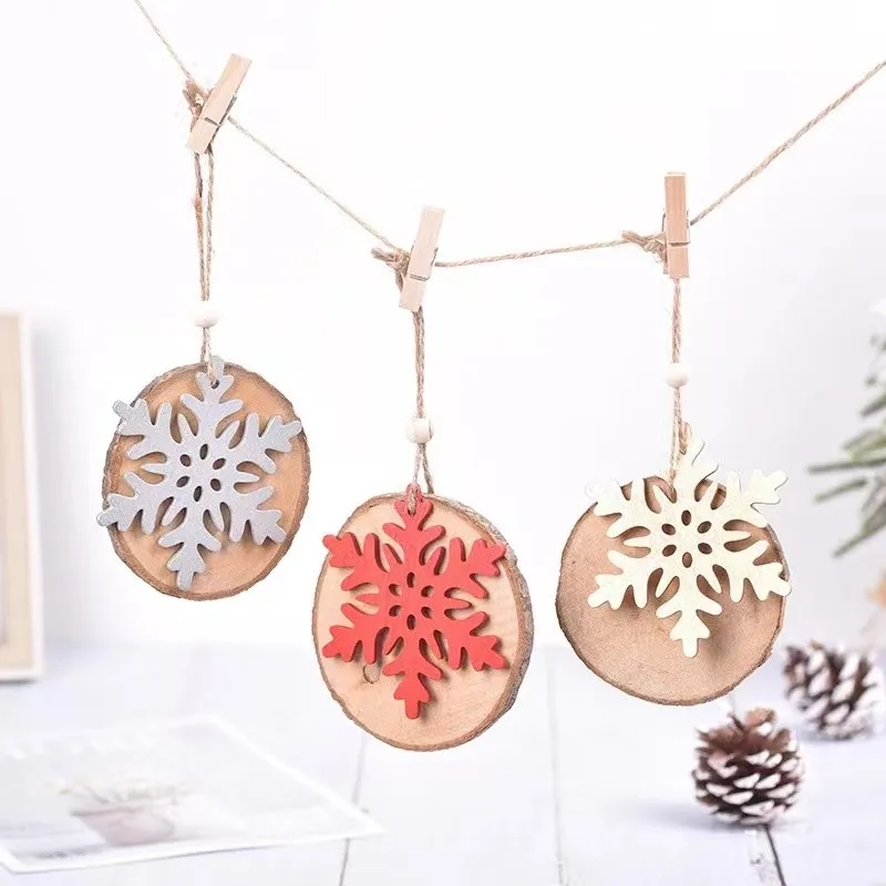 Creative Christmas Decoration DIY Craft Pendant Wooden Round Snowflake Pendant