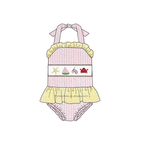 Puresun summer girls boutique clothes crab ricamo seersucker girls clothing set nuovo design smocked baby girl clothes - Product Image 5