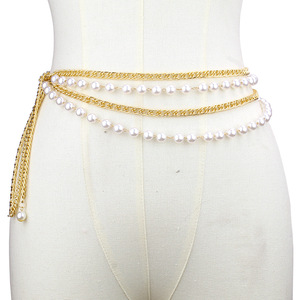 สร้อยคาดเอวสไตล์ยุโรปอเมริกันประดับมุกเทียมสีทองขาวหลายชั้น สร้อยโลหะสำหรับผู้หญิง แฟชั่นเครื่องประดับสำหรับงานปาร์ตี้ - Product Image 1