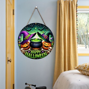 Feliz Halloween: Colgante Redondo de Madera para Puerta con Diseño de Bruja, Caldero, Calabaza y Murciélago, Letrero para Puerta Principal, Decoración de Pared para Fiesta de Halloween, Venta al por Mayor - Product Image 1
