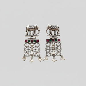 Pendientes colgantes con motivo de elefante, de piedra Pota chapada oxidada y perlas, para mujer, joyería étnica tradicional y para ocasiones festivas. - Product Image 2
