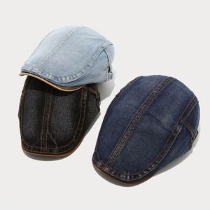 New Arrival Trendy Washed Faded Denim <b>Flat</b> Top Ivy <b>Cap</b> Fashion Women <b>Men</b> Outdoor Casual Retro Beret Hat With PU Leather Bill - Product Image 2