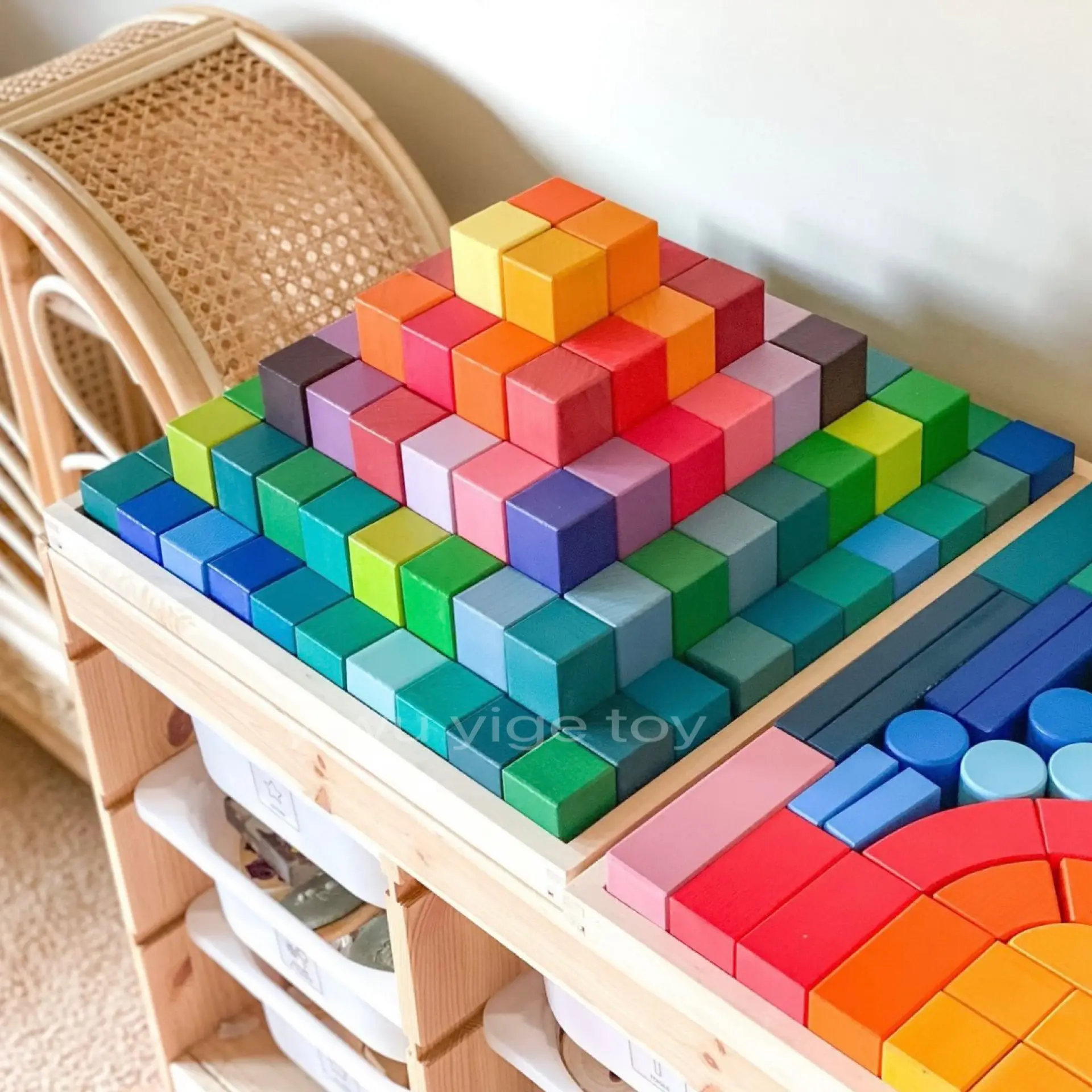 Montessori Grimm 'S Stijl Regenboog Waldorf Blokken Houten Puzzel Grote Getrapte Piramide Houten Blok Speelgoed