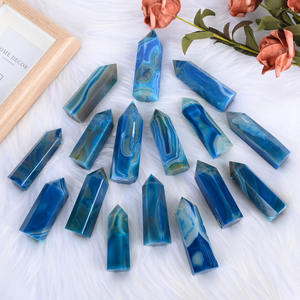 Vente en gros de pierres précieuses naturelles de guérison, agate bleue rayée, pointe de cristal en forme de tour pour la décoration - Product Image 6