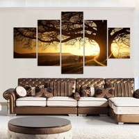 Peinture sur toile 5 panneaux en gros, motif arbre, art moderne pour l'hôtellerie, peinture de paysage, décoration murale