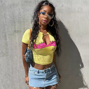 Fashion Short Sleeve Streetwear Sexy Hot Girls Crop <strong>Tops</strong> T Shirts Tees <strong>Women</strong> Summer Letter Printed <strong>Yellow</strong> Casual <strong>Tops</strong> - Product Image 1