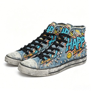 Baskets montantes en jean vieilli personnalisées avec imprimé personnage pop et clous <span class=keywords><strong>argent</strong></span>és, style punk urbain, pour hommes et femmes, en toile - Product Image 2