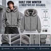 Sweat à capuche zippé personnalisé coupe courte, coupe ample unisexe, gris, avec bordure en fourrure, poche fendue, fermeture éclair bidirectionnelle, style streetwear, fournisseur en gros pour marques