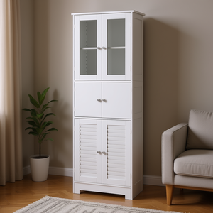 Mobile alto bianco autoportante con ripiano regolabile, ante in vetro e ante a persiana, mobile moderno per soggiorno - Product Image 2