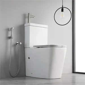 Conjunto banheiro de cerâmica 2 em 1, commodo de economia de água, tigela e lavatório de mão, combinação com lavatório embutido