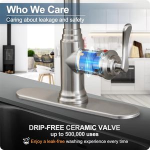 Robinet <span class=keywords><strong>de</strong></span> <span class=keywords><strong>cuisine</strong></span> <span class=keywords><strong>haut</strong></span> <span class=keywords><strong>de</strong></span> <span class=keywords><strong>gamme</strong></span> moderne américain en acier inoxydable brossé avec douchette extractible, à monobloc, à encastrer sur plan, avec noyau en céramique - Product Image 3