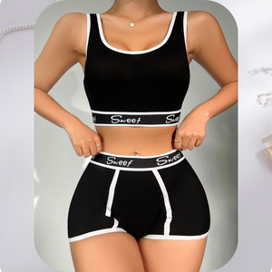2ピースセットレディースランジェリーソリッドコットンスポーツブラセットプッシュアップブラ & 下着シームレスコンフォートレディースボクサーブリーフ日常生活 - Product Image 2