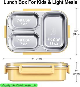 Boîte à lunch en acier inoxydable, qualité alimentaire durable, 25 oz, étanche, boîte à bento à 3 compartiments pour enfants et adultes, passe au lave-vaisselle - Product Image 6