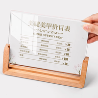 Vente en gros de panneaux en acrylique double face en forme de L écologiques avec base en bois, présentoir portable pour cartes de visite en plastique PMMA