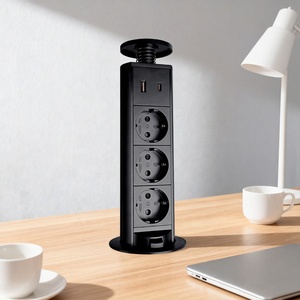 Enchufe <span class=keywords><strong>de</strong></span> escritorio elevable <span class=keywords><strong>de</strong></span> color negro y plateado con triple toma <span class=keywords><strong>de</strong></span> corriente alemana y puertos <span class=keywords><strong>de</strong></span> carga rápida USB PD20W - Product Image 1