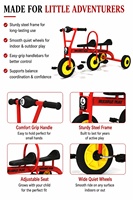 Tricycle ergonomique rouge à double siège pour enfants, tricycle tandem en métal pour 2 personnes avec repose-pieds pour la maternelle, la cour de récréation et les jeux en plein air