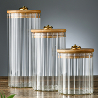 Frasco de Vidrio con Rayas Verticales y Tapa de Bambú, Anillo Metálico, Recipiente de Vidrio de Borosilicato para Té, Alimentos Secos, Almacenamiento de Cocina