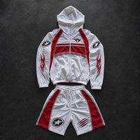Ensemble de survêtement pour homme OEM ODM en polyester blanc et rouge, veste à capuche et short, vêtements de sport, fabricant