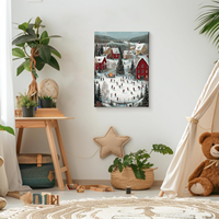 Tableau mural Paysage de village de Noël enneigé avec patineurs, toile encadrée, scène hivernale festive, décoration de maison de campagne pour les fêtes