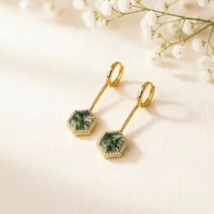 Natural Moss Agate Gemstone <b>Earrings</b> Hexagon Cut <b>Dangle</b> <b>Earrings</b> with Cubic Zirconia Accent in Sterling Silver or 18K <b>Gold</b> - Product Image 2