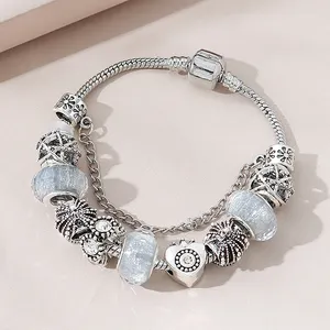欧洲最畅销镀银玻璃珠魅力手链锆石水晶心形女性魅力手链