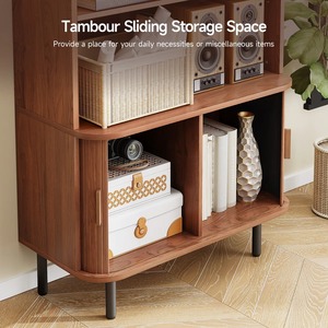 Meuble bibliothèque <span class=keywords><strong>haute</strong></span> à 4 étagères avec 2 portes à battants, espace de rangement coulissant à tambour, pieds réglables, MOQ 100 - Product Image 4