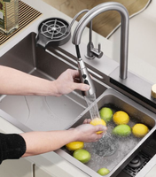 Évier de cuisine moderne en acier inoxydable noir à usage commercial, multifonctionnel, à cascade, à cuve unique, fait à la main, avec robinet