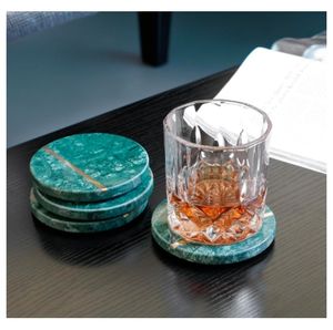 Solid <b>Green</b> Real Marble <b>Coasters</b> With Brass Inlay and Metal Stand/Holder -Non Slip Felt Padded - Sealed Marble, Stain Resistant - Product Image 2