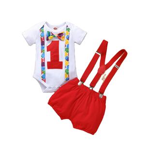 <span class=keywords><strong>2023</strong></span> vêtements pour bébés ensembles dessin animé 1er imprimé à manches courtes barboteuse avec nœud papillon + salopette Shorts bébé garçons tenues d'anniversaire - Product Image 1