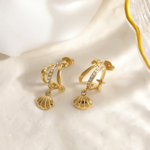 SUMMLY Pendientes de Aro Pequeños Elegantes y Modernos con Diseño de Concha, Chapados en Oro de 18K, de Acero Inoxidable, con Estrella, Joyería de Moda - Product Image 2