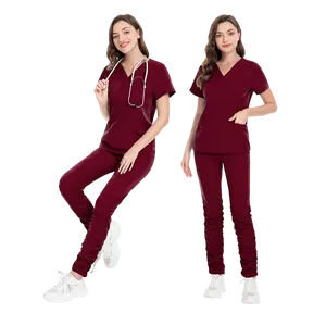 Progetta i tuoi scrub medici scrub ospedalieri infermiera-ospedale-uniforme scollo a V piega pantalone gamba ospedale uniformi rosse scrub