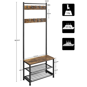 Floor Standing Coat <b>Rack</b> Entryway Storage <b>Rack</b> with Unique Double Hooks Metal Wooden Coat <b>Rack</b> Shoe Bench - Product Image 2