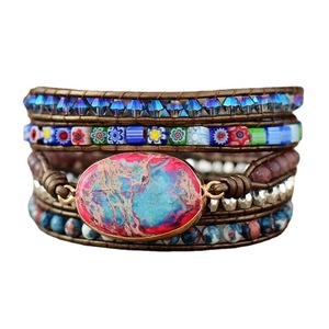 Nuovi braccialetti avvolgenti in pelle di lusso rosso blu <span class=keywords><strong>Jaspers</strong></span> 5 fili dichiarazione catena braccialetto gioielli bohémien Bijoux all'ingrosso - Product Image 2