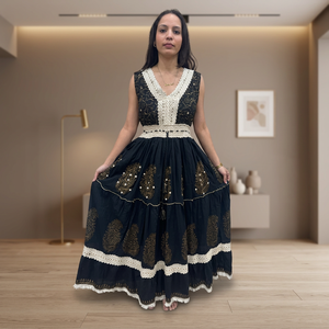 Women's Lightweight Black Full Sleeve Embroidered Woven Cotton <b>Maxi</b> Dress V-Neck Paisley Pattern Autumn/Winter Boho Style - Product Image 3