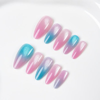 Faux ongles à presser de luxe décontracté, courts, carrés, effet œil de chat pur dégradé, de haute qualité, résistants à l'usure, avec colle pour doigts, motif amande