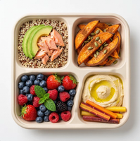 Gezonde Portie 4-delige Suikerrietbagasse Sectievoedselcontainer Bento Box Deksel 1000ml Schoolkantine Servies Benodigdheden