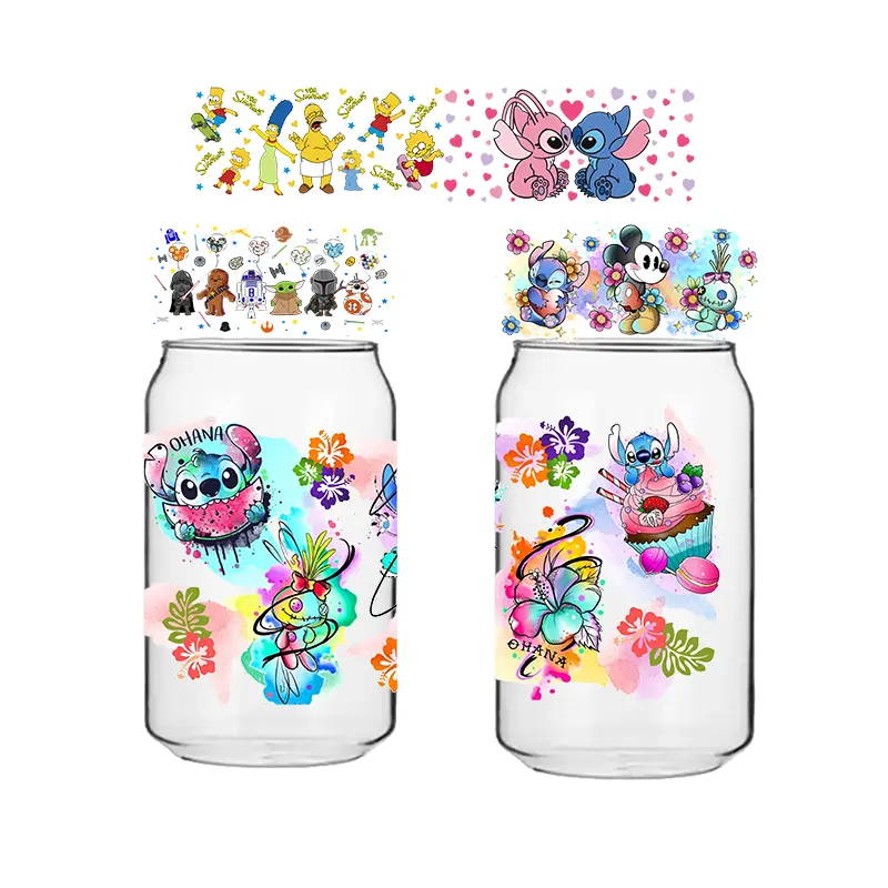 Factory professional processing 16oz decals by roll anime glass stickers uv printing Cartoon style uv dtf stickers