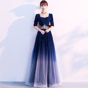 Evening Gown Women Square Neck Empire Waist Gradient Midi Dress Sheer Layer Cut Out For Wedding Banquet Choir Performance - Product Image 1