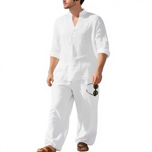 Ensemble 2 pièces décontracté homme en coton et lin, col montant, demi-ouvert, coupe ample, respirant, haut à manches longues et pantalon long, idéal été - Product Image 4