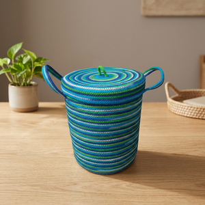 Colorful Jute Woven Straw Storage Basket <b>with</b> Handle <b>Lid</b> Rope Organizer <b>Bin</b> for Living Room Nursery Bathroom - Product Image 3