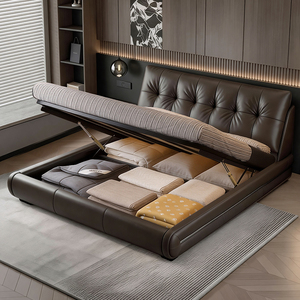 Lit en cuir véritable italien de luxe léger <span class=keywords><strong>sur</strong></span> <span class=keywords><strong>mesure</strong></span> avec tête de lit rembourrée douce pour projet haut de gamme - Product Image 4