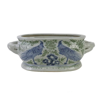 Vas Lantai Keramik Porselen Oval Motif Bunga Burung Pheasant Ganda Warna Biru Hijau, Lukisan Tangan Gaya Cina, Pot Bunga Dekoratif