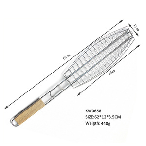 큰 단 하나 물고기 굽는 바구니, 나무로 되는 손잡이를 가진 물고기 그물을 요리하는 스테인리스 BBQ 메시 석쇠 - Product Image 2