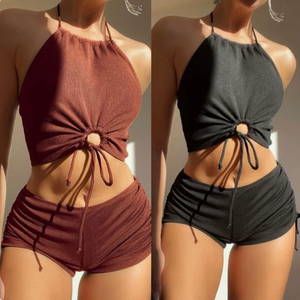 Nuevo Traje de Baño de Dos Piezas para Mujer, Estilo Europeo <span class=keywords><strong>Americano</strong></span> 2026, Sólido, de Cintura Alta, con Tirantes y Halter, Transpirable, Tipo <span class=keywords><strong>Boxer</strong></span>, para Verano - Product Image 3