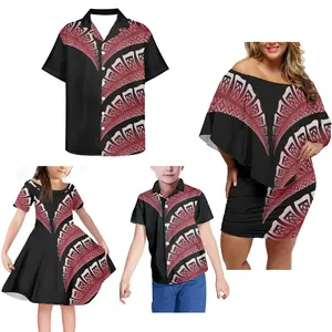 Wholesale Family Set Clothes Polynesian Print 4pcs Matching Clothing for Family 4-14year Old Little Girls Dresses Boy T Shirts