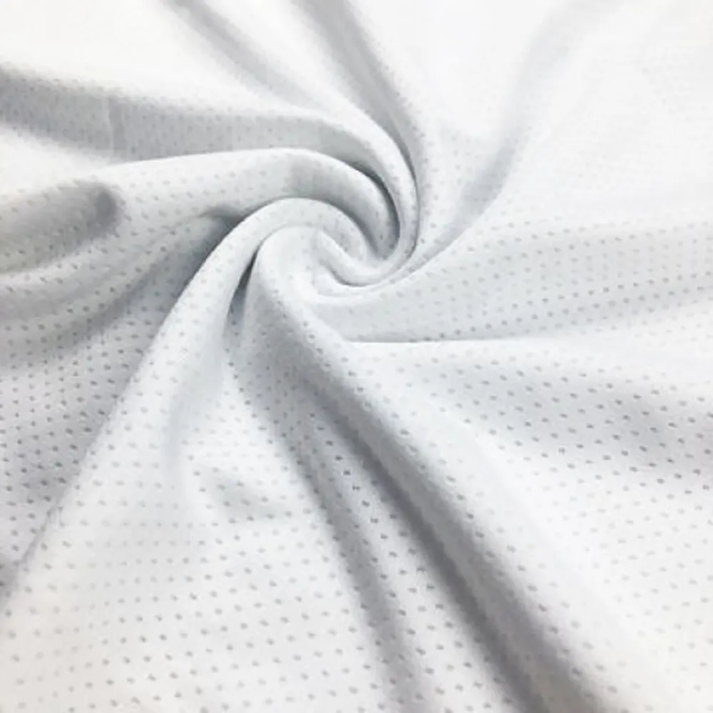 AMOSTRA GRATUITA de tecido branco para esporte com ilhós, tecido de malha de poliéster para sublimação de palmilha, pano de encaixe