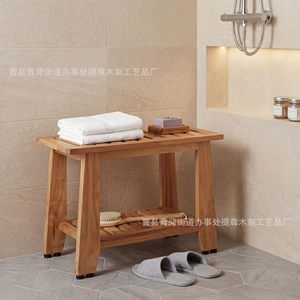 Ti Zun Wooden Shower Stool Solid Wood Double Layer <b>Storage</b> Bathroom Bench With Towel Rack And Shelf For <b>Bath</b> Toiletries - Product Image 2