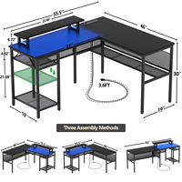 Bureau de jeu en forme de L avec éclairage LED, panneau perforé et prise de courant, bureau d'ordinateur d'angle avec plateau pour clavier et étagère pour bureau à domicile