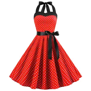 Seksi Retro kırmızı Polka Dot elbise Audrey Hepburn Vintage boyundan bağlamalı elbise 50s 60s gotik Pin Up Rockabilly elbise elbise