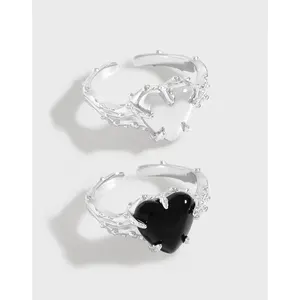Anillo de piedras preciosas de ágata negra con corazón espinoso de textura plisada irregular al por mayor, joyería fina para mujer, anillo de plata de ley S925